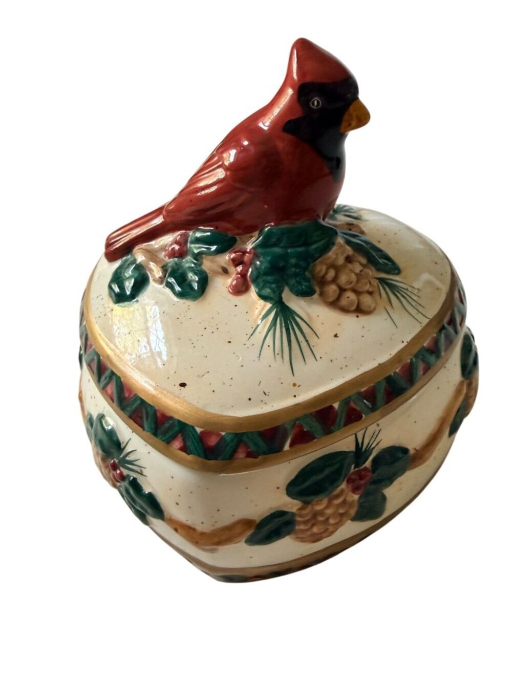Vintage Cardinal Heart Trinket Box Ceramic Lidded Jewelry Box Christmas Decor